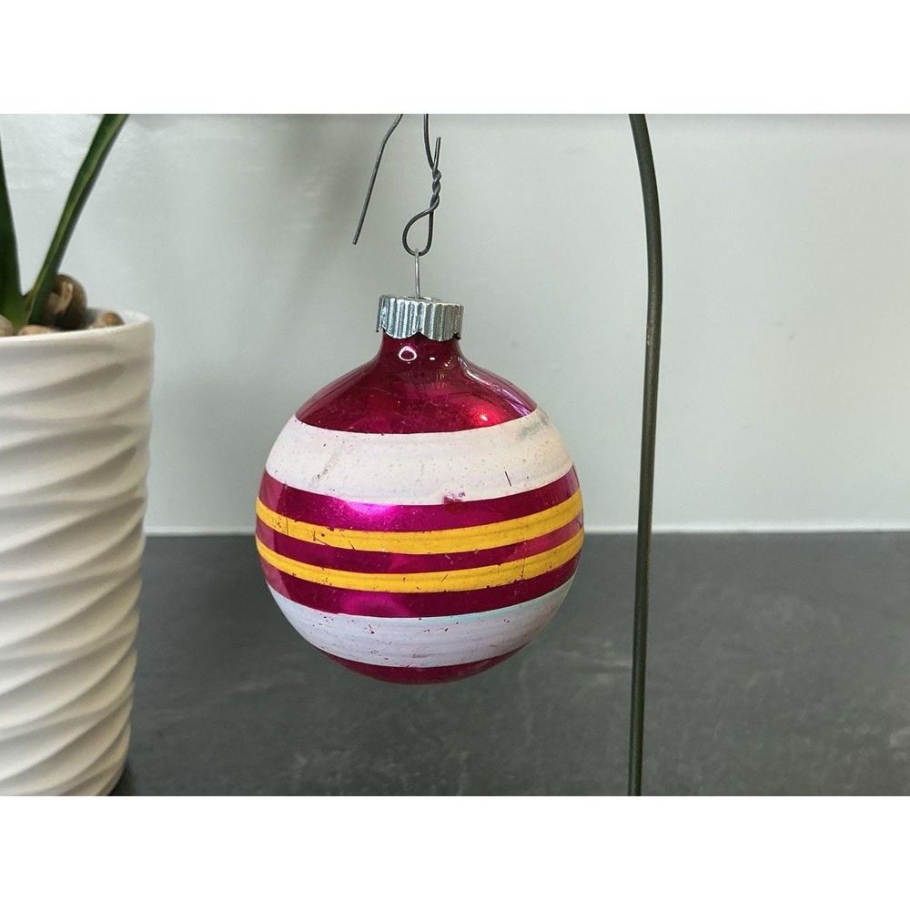 Shiny Brite Pink Yellow & White Hand Painted Striped Christmas Ornament 2.25